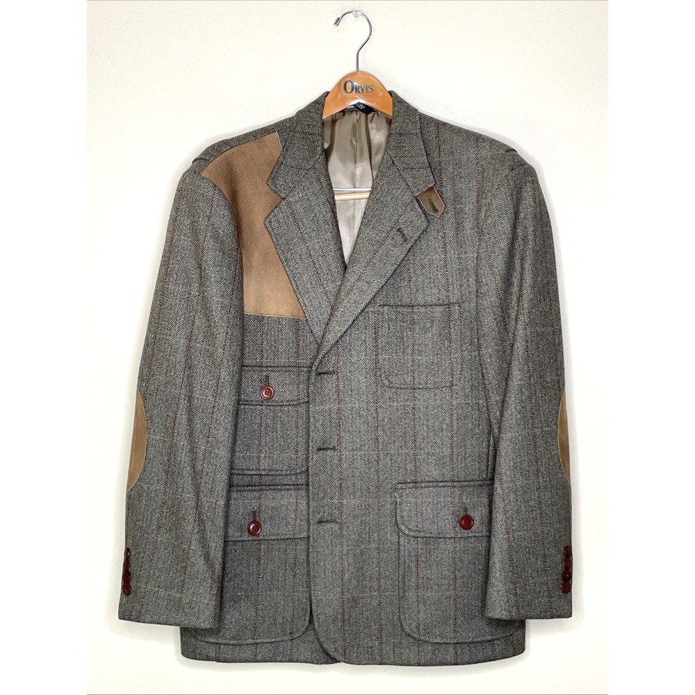 Orvis Men's Hunting Hacking Blazer 44R Brown Herringbone Wool Elbow Patch USA